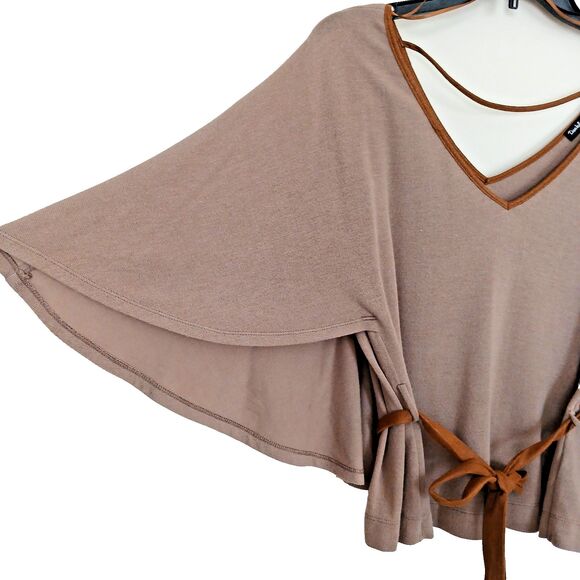 Loose Fit Knit Poncho Style Tunic V-Neck Faux Suede Accents and Tie Lagan Look - Picture 2 of 10